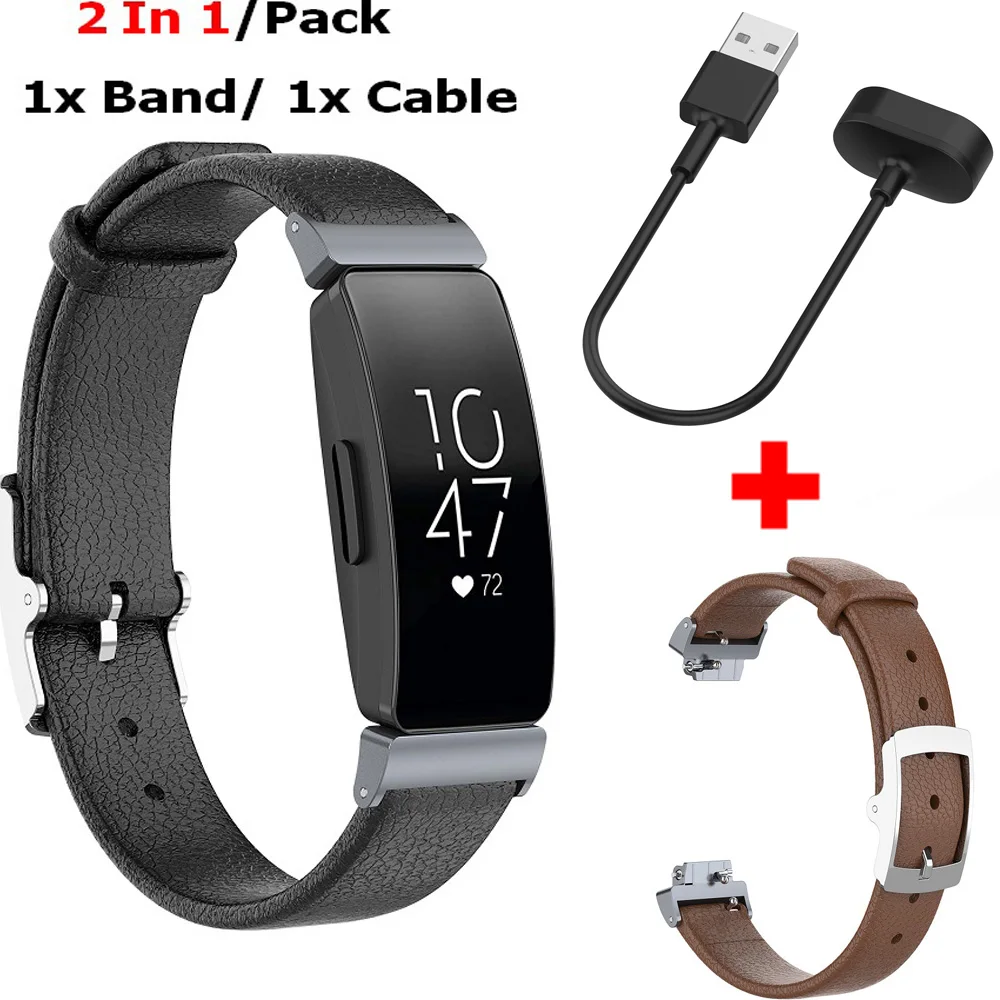 

COMLYO Leather Wrist Band for Fitbit Inspire Bracelet Strap Wristband+ USB charging Cable for Fitbit Inspire HR Smart Watch Belt