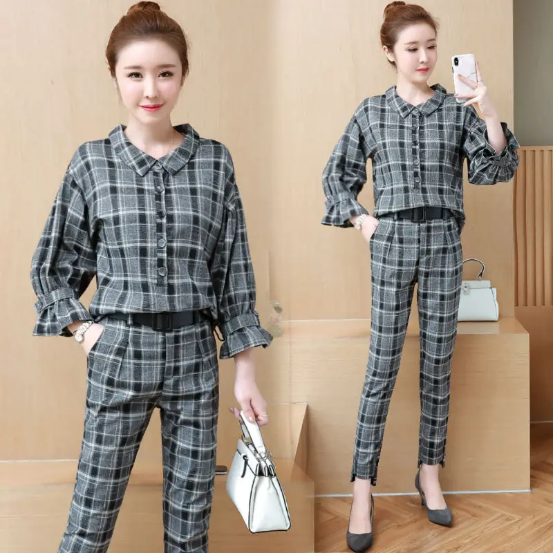 Plaid плюс размер клетчатый комплект из двух предметов женские комплекты 2 Весна 2019