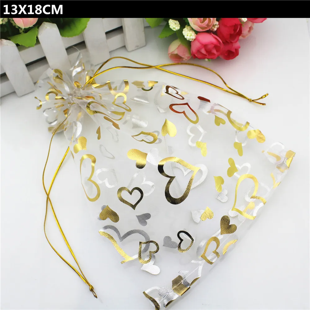 100 PCS Lot 13X18CM White Organza Pouch Heart Printed Drawstring Candy ...