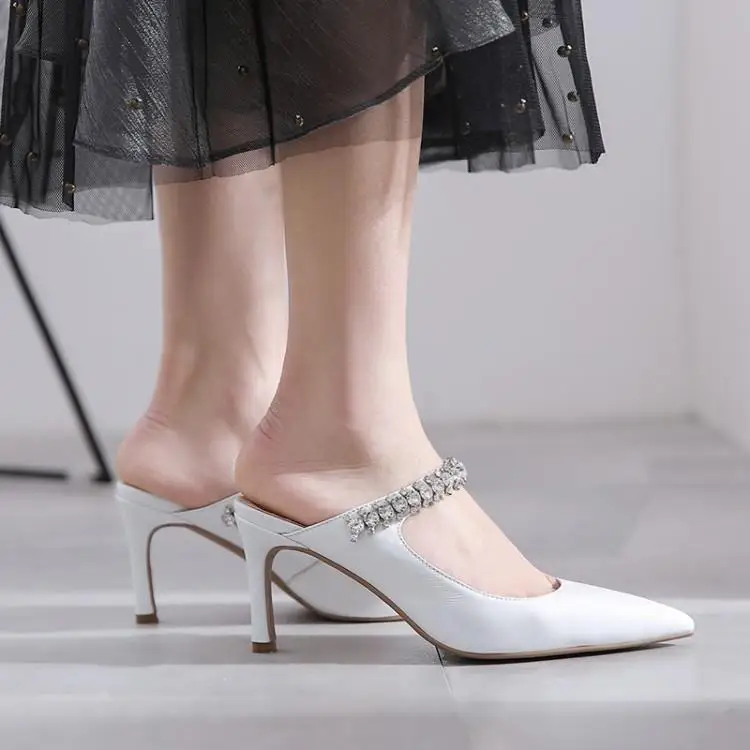 

Luxury Crsytal One Buckle Women Mules Black White Pink Patent Leather Ladies Slingbacks High Heels Shoes Woman Slip On Stiletto