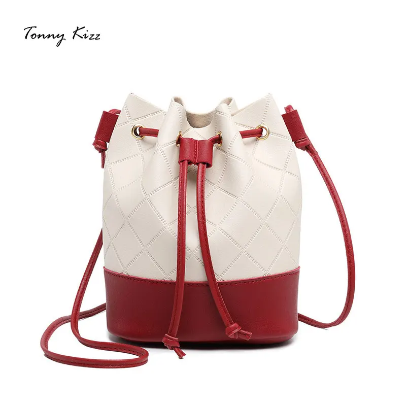 

Fashion bucket crossbody bags for women leather shoulder bags diamond lattice female mini messenger bags patchwork string open