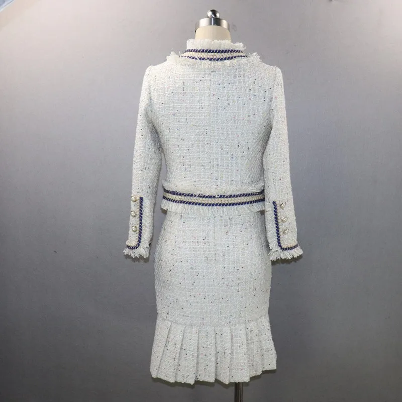 Дизайнерский бренд, Женский шикарный твидовый пиджак с длинными рукавами, юбка с оборками, комплект из двух предметов, элегантные приталенные вечерние женские костюмы, XS-XL