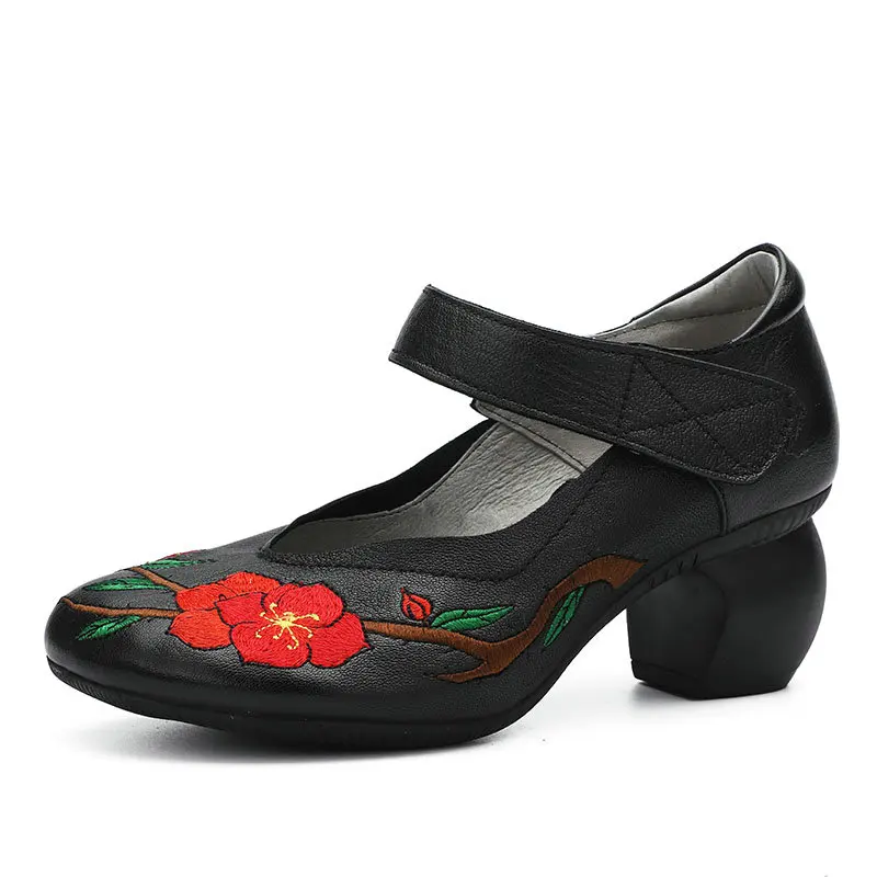 

2019 Spring Summer New thick single shoes female round head embroidered Hook & Loop comfortable Genuine Leather mother shoes