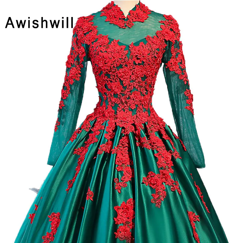 Зеленое длинное формальное платье с высоким воротником украшенное бусинами кружевное атласное с длинными рукавами винтажное вечернее платье бальное платье для вечерние Robe De Soiree