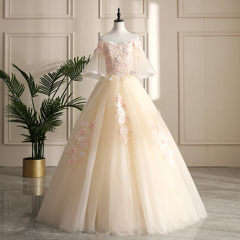

Off Shoulder Lace Appliques Beaded Sweet 16 Quinceanera Dresses Half Sleeve Prom Ball Gown Vestidos Para Quincea Era 2019
