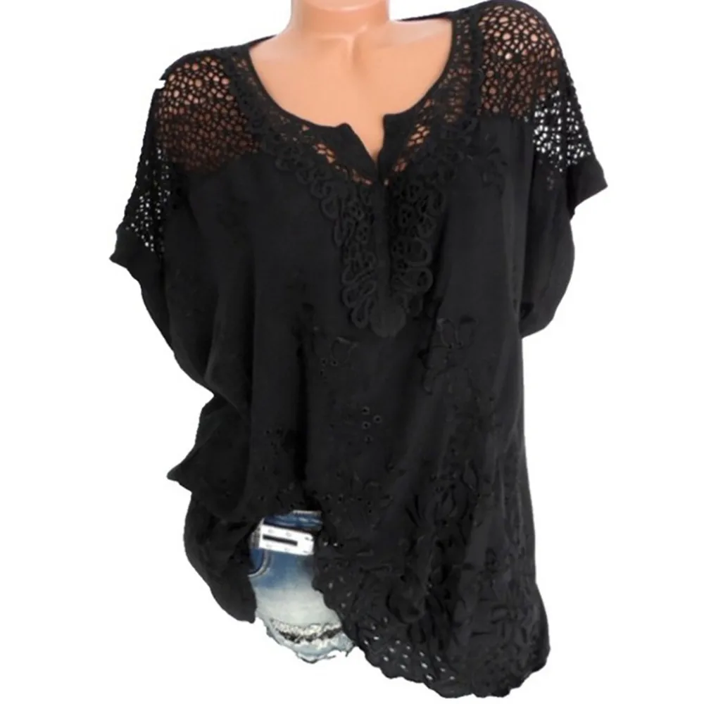 Женская Белая Летняя Блузка с круглым вырезом и коротким рукавом, однотонная Повседневная Блузка, топ, большие размеры, кружевная блузка, рубашка, женская одежда#38 - Цвет: Black