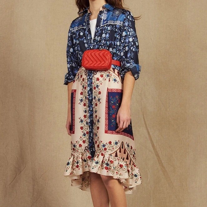 

2019 spring and summer new indie folk style turn down collar long sleeve retro print patchwork women elegant chiffon skirt