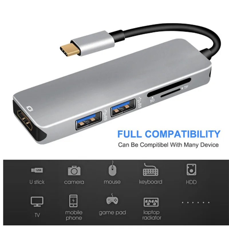 Superspeed USB 3.0 Port HD SD/TF Card Reader 5 in 1 Type C USB-C to HDMI 4K Converter Hab for MacBook Pro 3.1 Hub | Электроника