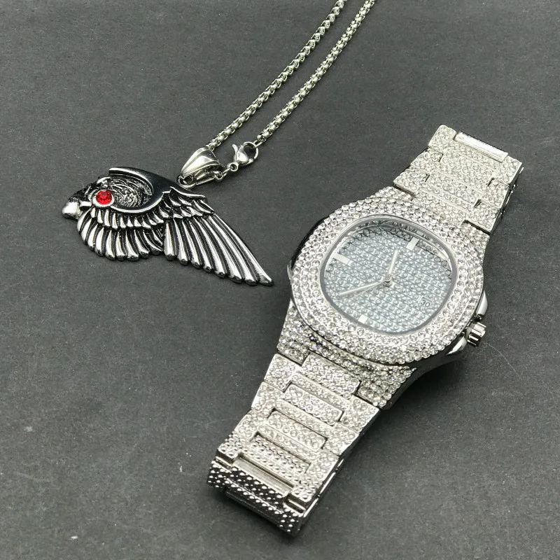 

Men Luxury Gold hip hop jewelry stylish watch Necklace Combo Set Watch Diamond Men Hip Hop feather Pendant & Rope Chain set