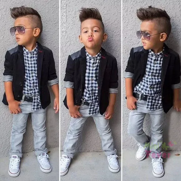 

Retail new spring children beautiful wear clothes kids suits boys coat+plaid shirt +denim pants 3pcs Clothing Set