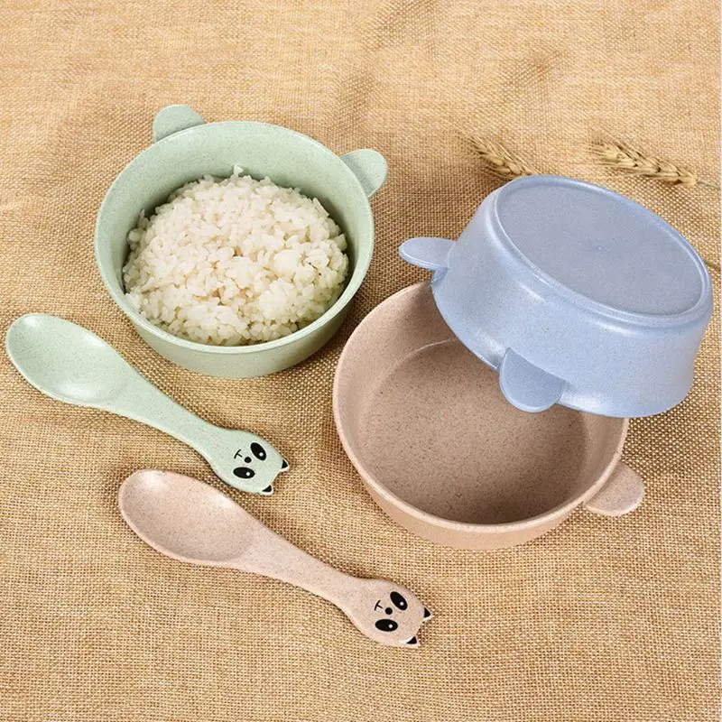 

2 Pcs/Set Baby Feeding Food Tableware Panda Wheat Kid Dishes Eco-Friendly Children Training Dinnerware Plate Bowl Spoon