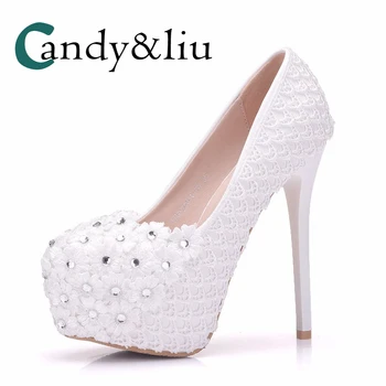 

Large Size White Lace Flower Applique Wedding Shoes Super High Heel Round Toe with Platform Mesh Pumps Bridesmaid Party Banquet