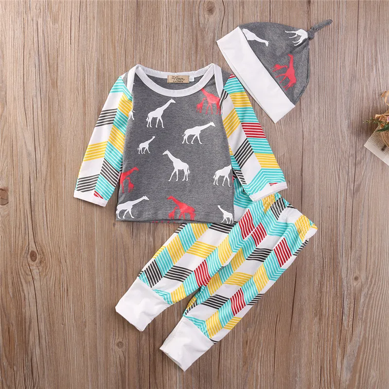 

Organic Colorful Geometry Baby Clothes Sets Spring Autumn Cotton Clothing Warm T-shirt Tops+ Trousers Hat Outfits Clothes