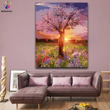 DIY цвета картины по номерам с цветами жизни Дерево Розовый лесной пейзаж Рисунок Живопись по номерам Обрамленный дом