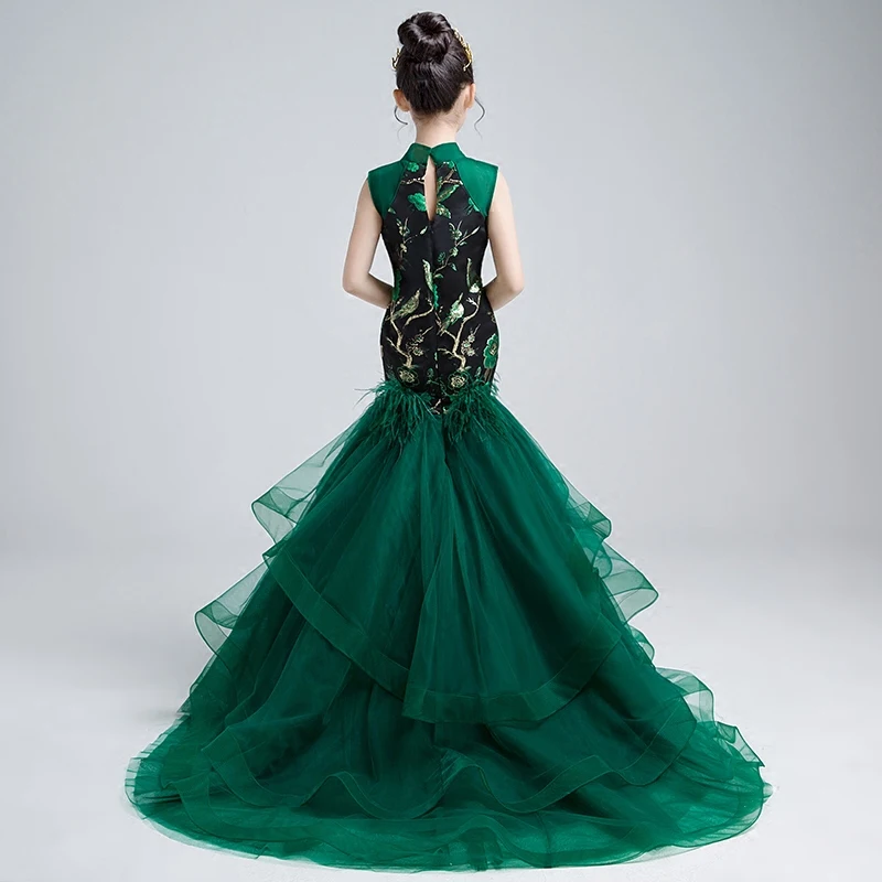 Зеленое платье русалки для первого причастия в китайском стиле для девочек; детское праздничное платье с цветочным узором для девочек на свадьбу; реальные фотографии