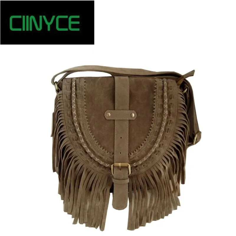 Autumn winter Women Real Suede Cow Split Leather Fringe Tassels Handbags vintage cross-body bohemia cutout ladies shoulder Bags