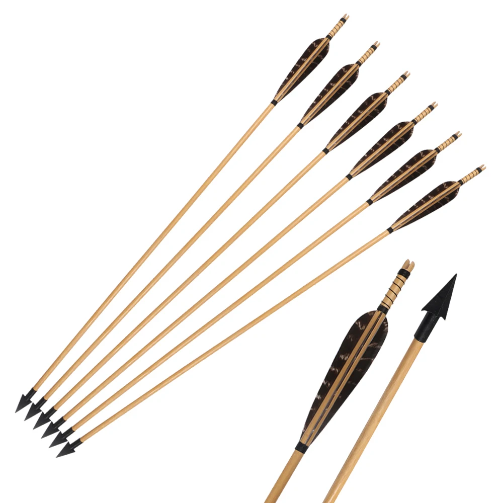 Tiro com Arco Flechas de Madeira Penas de Peru para Arco de Caça com Cabeça de Seta ao ar Recurvo Tradicional Livre Handmade 6 Pcs 31.5 9 6 pcs 31.5
