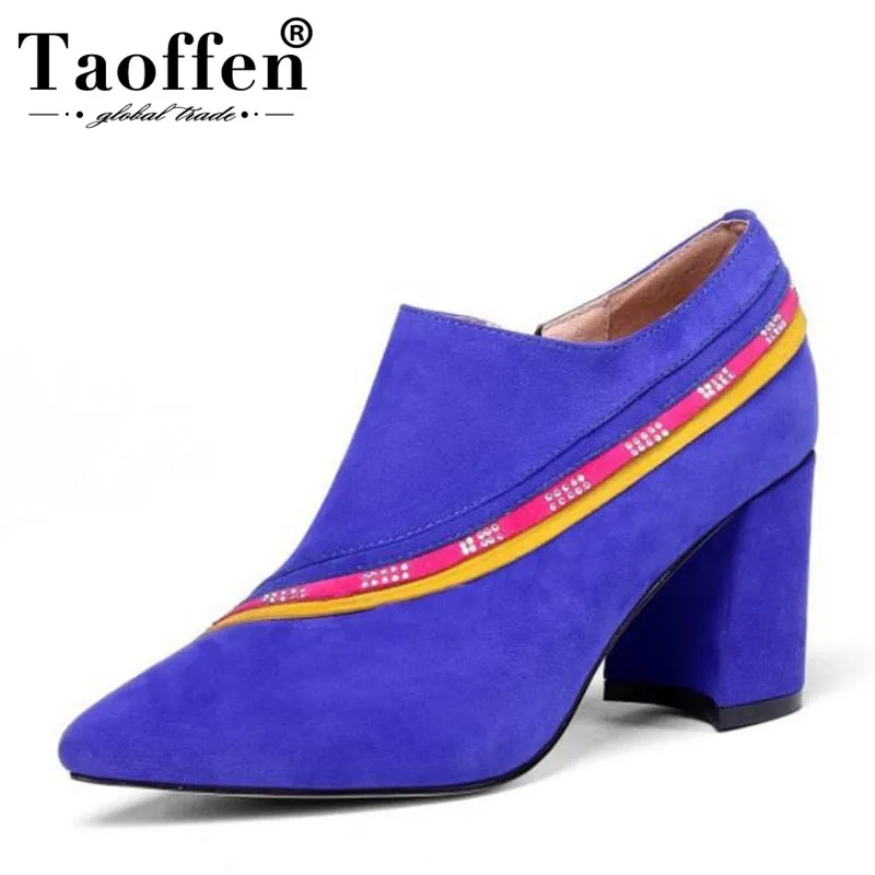 

Taoffen 2019 New Women Real Leather High Heel Boots Pointed Toe Zipper Crystal Ankle Boots Wedding Shoes Women Size 33-43