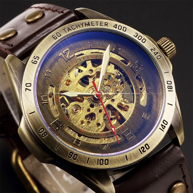 SHENHUA Brand Antique Design Vintage Automatic Skeleton Mechanical Watch Leather Men's Wristwatch Steampunk Male Blue Dial Clock new sewor top brand luxury rectangular men watches automatic mechanical watch roman display antique clock relogio wrist watch