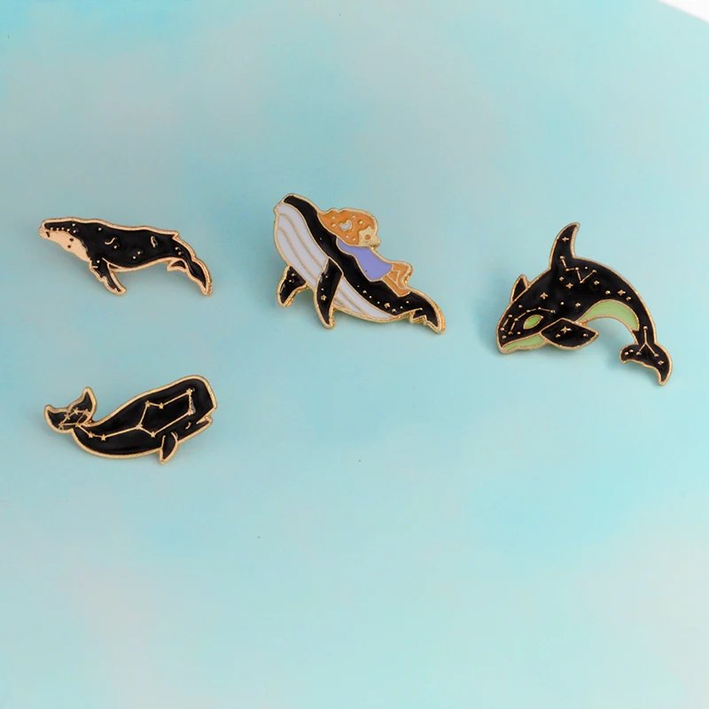 

Cartoon lonely whale and kid shark constellation Enamel Pins Brooch Denim jeans Lapel Pin Badge Jewelry Gift for kids women men