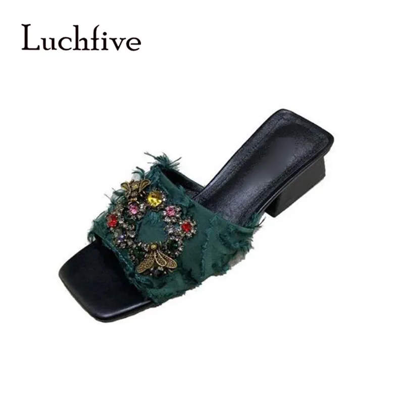 

Rhinestone Open Toe women slippers fashion mid square Heels leisure Holiday Outwear slip on female shoes black pink green