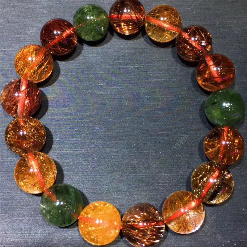

12mm Natural Colorful Rutilated Quartz Red Gold Green Copper Crystal Bracelet Women Round Bead Stone Cat Eye Jewelry AAAAA
