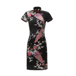 Большие размеры женское атласное тонкое винтажное Qipao элегантное платье с воротником-стойкой короткое черное сексуальное женское платье