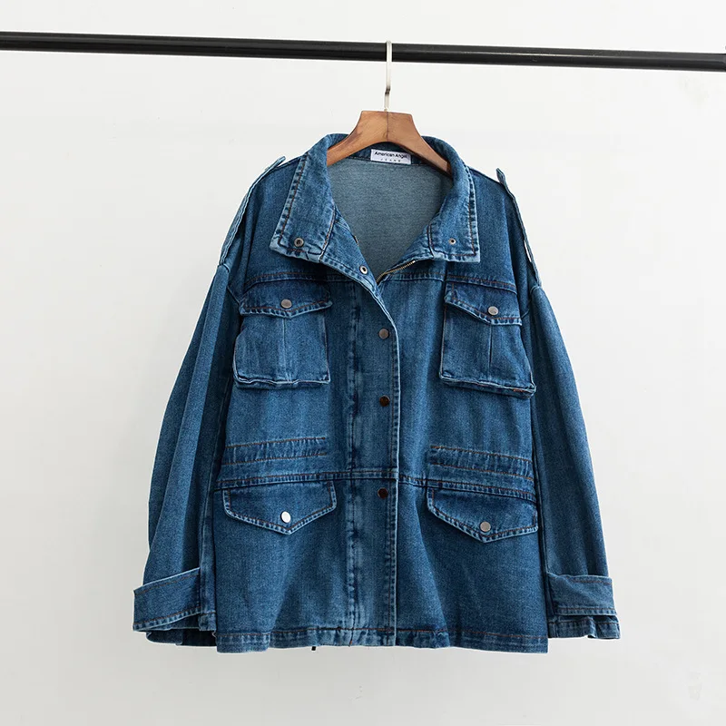 

2019 Plus Size Casual Denim Jacket Spring Women Clothing Fashion Loose Long Sleeve multi-pocket Coats D6-8363