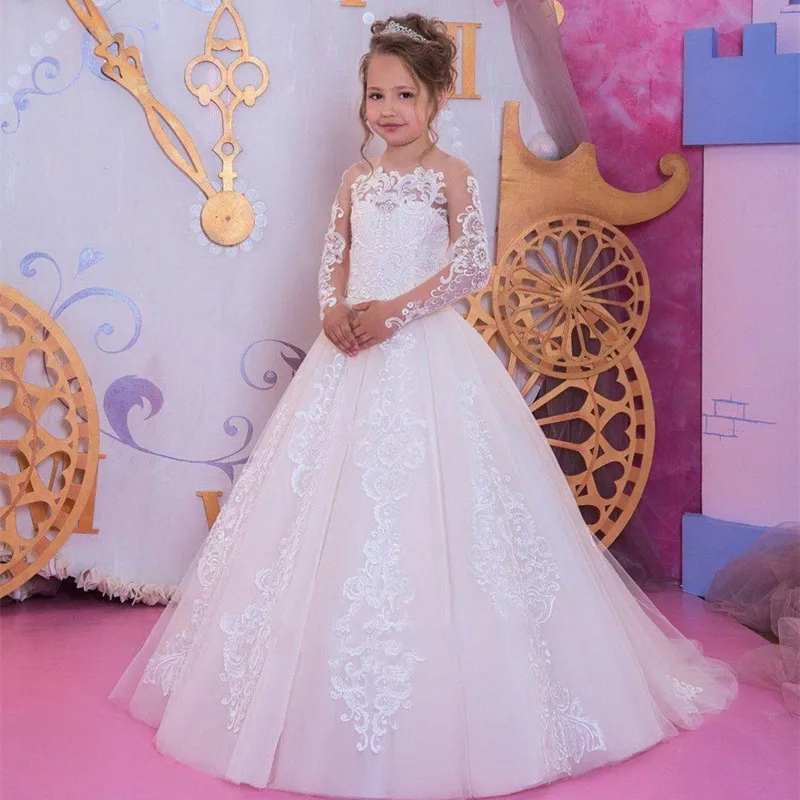 

Romantic White Flower Girl Dresses Lace Applique Long Sleeve For Weddings Girl Tulle Communion Pageant Party Dresses