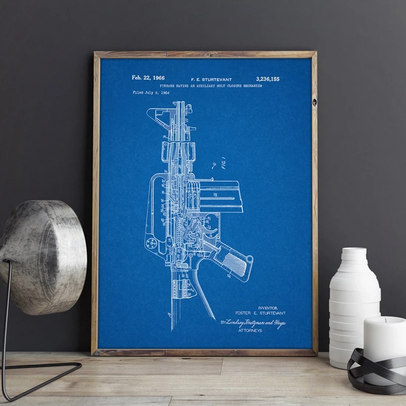 M16 пистолет патент печать пистолет стены Искусство M16 винтовка плакат Декор винтажный чертеж Холст Картина Подарок Идея военный Декор