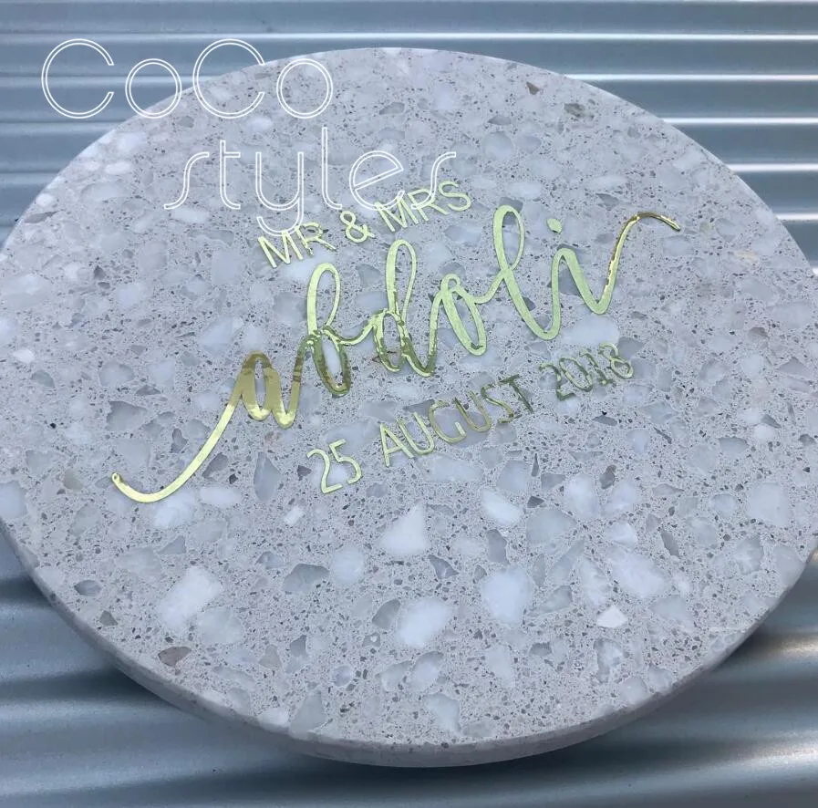  Cocostyles bespoke special round granolithic stone name card with hand writing for rustic wedding i - 32893066097