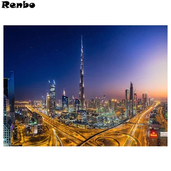 

5D Diy Diamond Painting Dubai modern city night view Full Round diamond Mosaic Picture Of Rhinestone Diamond Embroidery for sale
