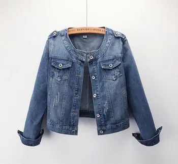 

Plus Size Round Collar Denim Jacket 4XL 5XL Cute Women's Light Blue Bomber Jacket Jaqueta Long Sleeve Denim Jackets Casual Jacke