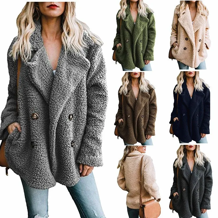 2018 Winter Women Pockets Thick Teddy Coat Casual Oversize Fleece Faux Fur Plush Jacket Overcoat