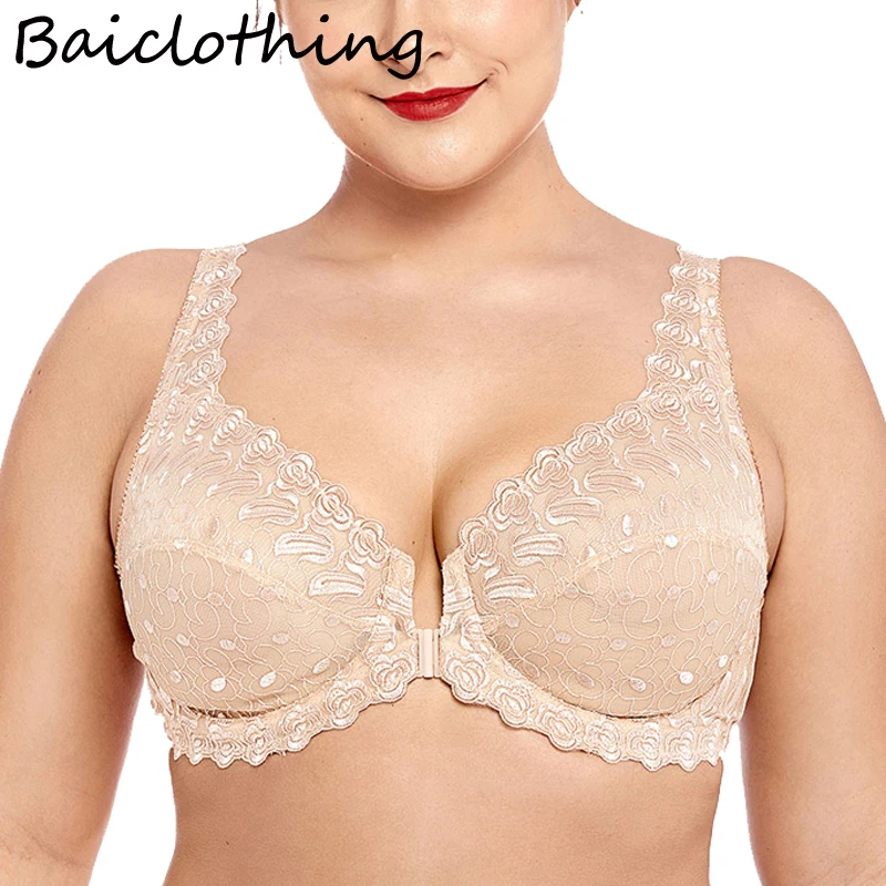 

BAICLOTHING Womens Full Coverage Support Unlined Underwire Lace Floral Embroidered Front Closure Bra 38~48 B C D DD E