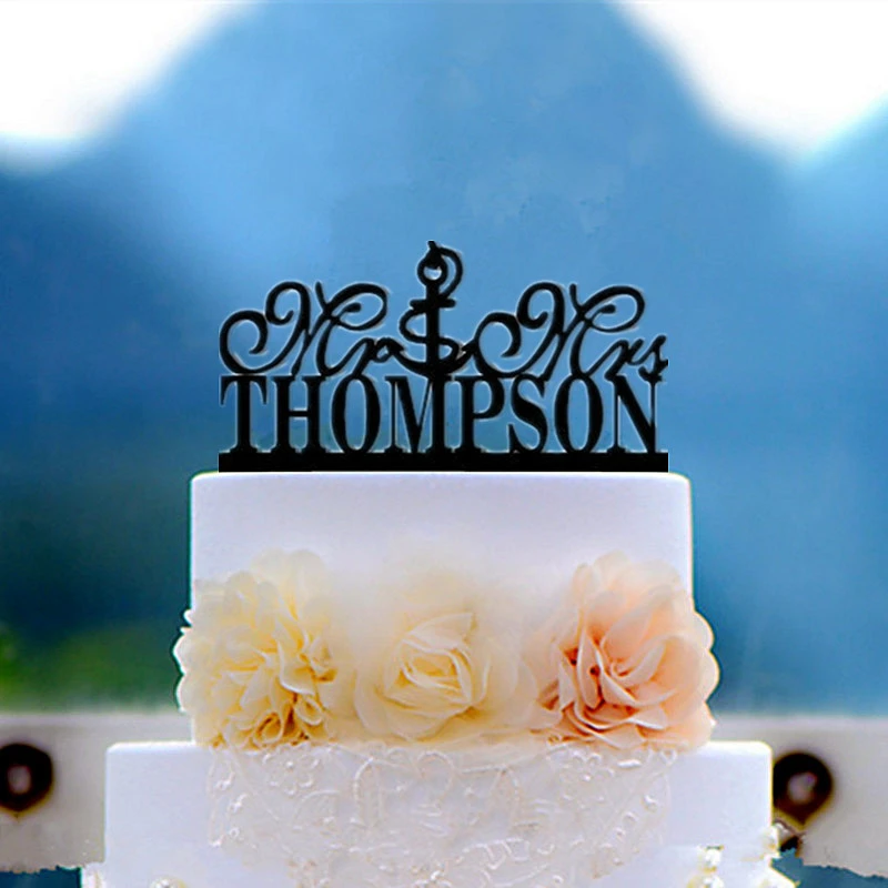 Decoration De Gateau De Mariage Sur Le Theme De La Plage Personnalise Mr Mrs En Acrylique Noir Avec Ancre Accessoire De Decoration De Gateau De Mariage Aliexpress