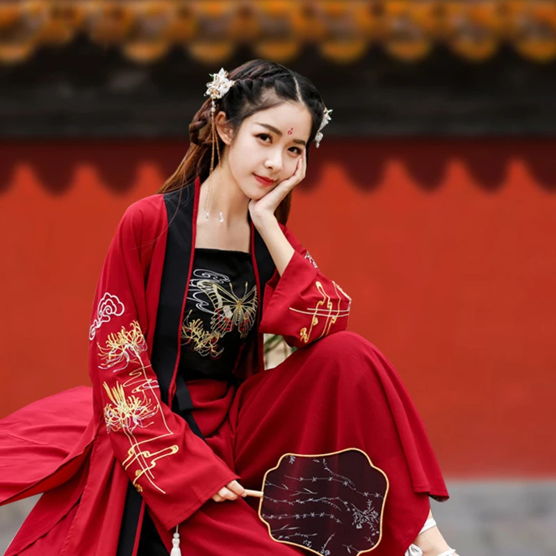 Красный костюм Hanfu из 3 предметов для женщин летняя одежда косплея древний
