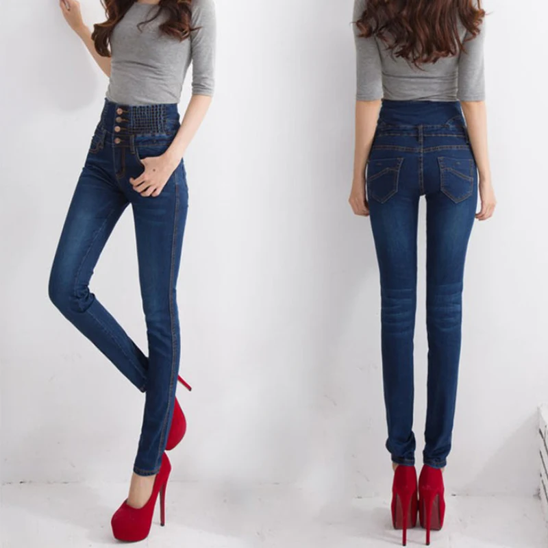 Джинсы для женщин высокая талия джинсовые узкие для приталенные Стрейчевые Штаны Твердые эластичные мотобрюки демисезонный одежда - Цвет: Dark Blue