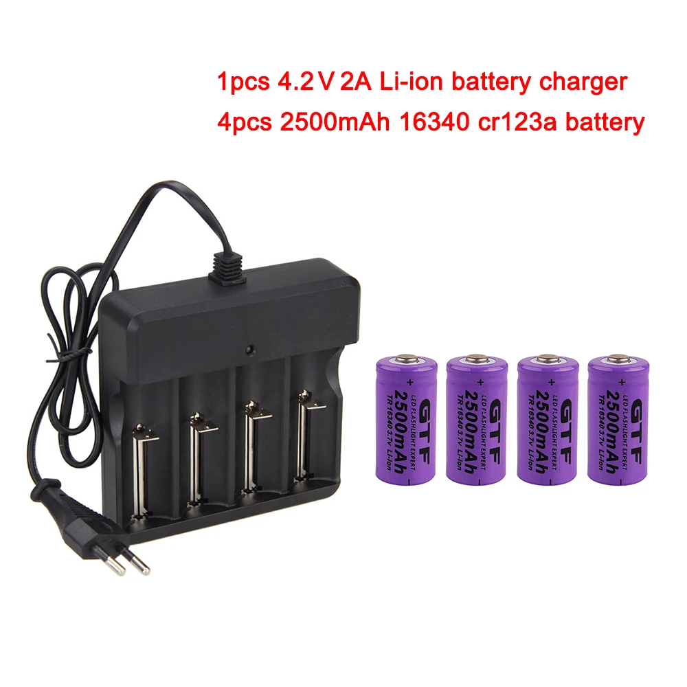 4 шт 3,7 V 2500mah 16340 аккумулятор CR123A литий-ионные аккумуляторы+ 1 шт EU/US 4,2 V 2A литий-ионный аккумулятор зарядное устройство AC100-240V