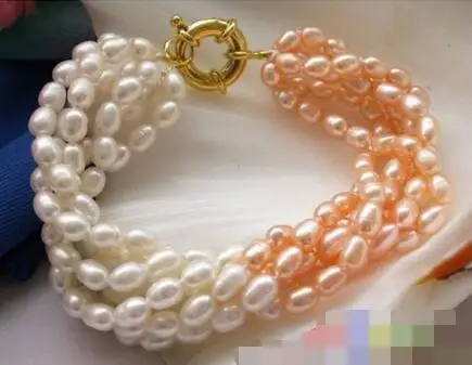 

Hot sell ->@@ 3744 6row pink white rice freshwater cultured pearl bracelet -Top quality free shipping