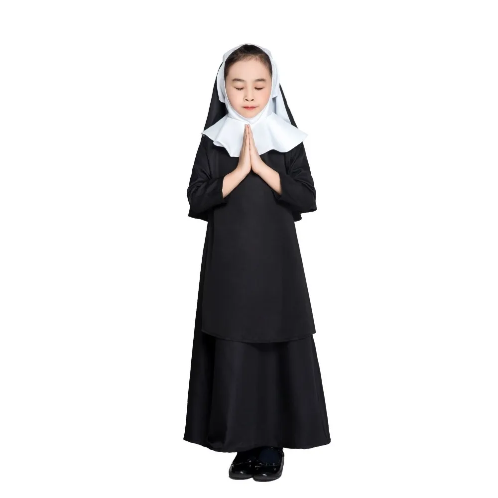 

Halloween Nun Cosplay Costume Little Girl Black Christian Fantasy Dress Convent Sister Party Uniform Fancy Dresses For Kids