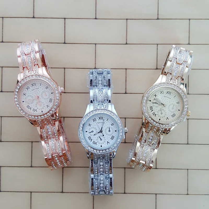 

High Quality Quartz Movt Fashion Radiating Roman Numerals SFNY Brand Watch,Full Rhinestone Dial Watch With Three Small Sub Dial