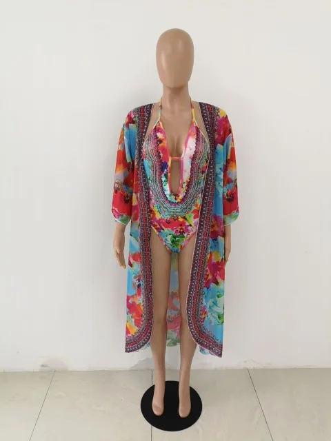 Комплект бикини из двух частей, женский пляжный купальный костюм, цельный бикини, комплект с накидкой, сексуальный купальник, цветочный принт, пляжная одежда - Цвет: blue