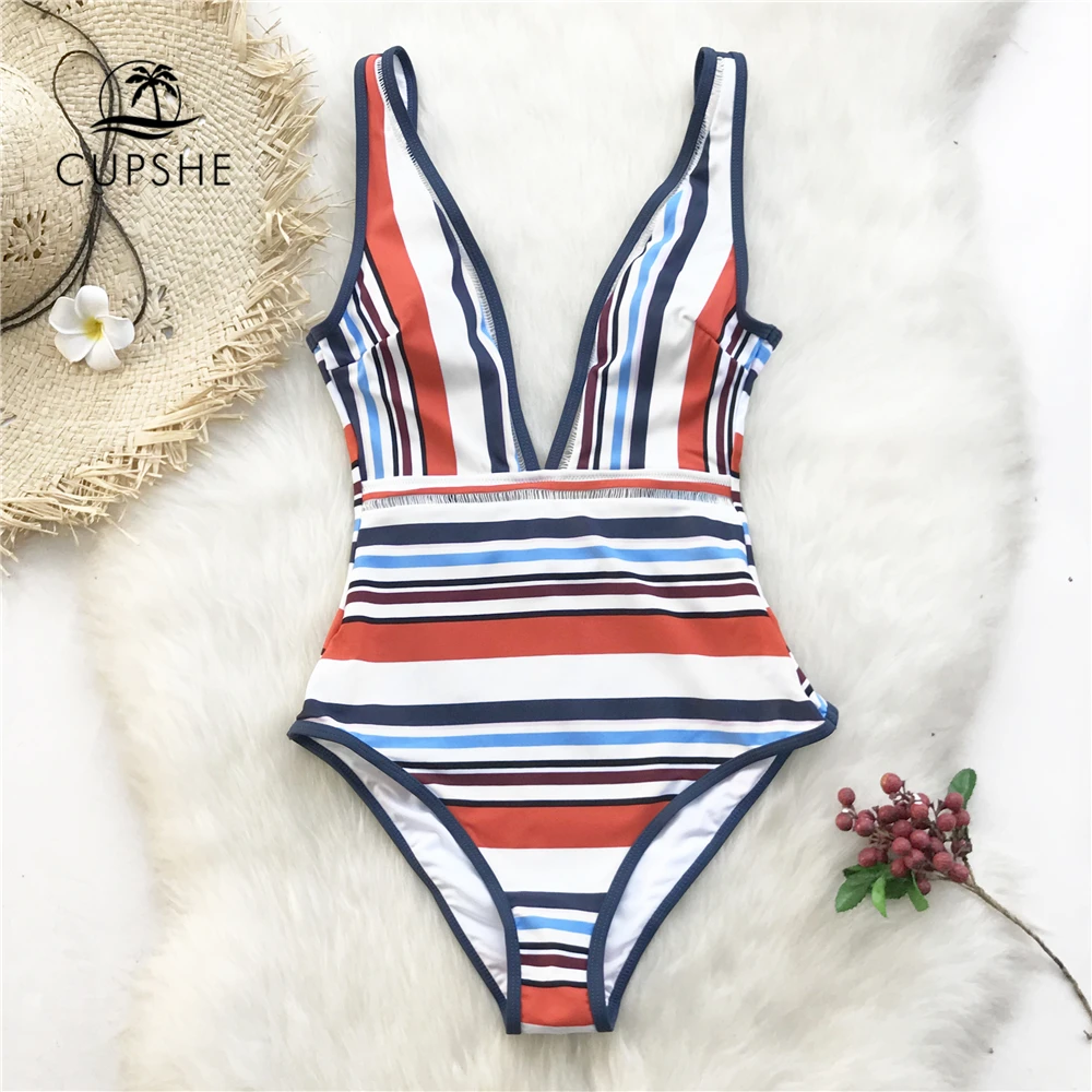Kaufen CUPSHE Bunte Streifen Tiefer Einteiliges Badeanzug Frauen Backless Monokini Badeanzug 2020 Mädchen Sexy Bademode