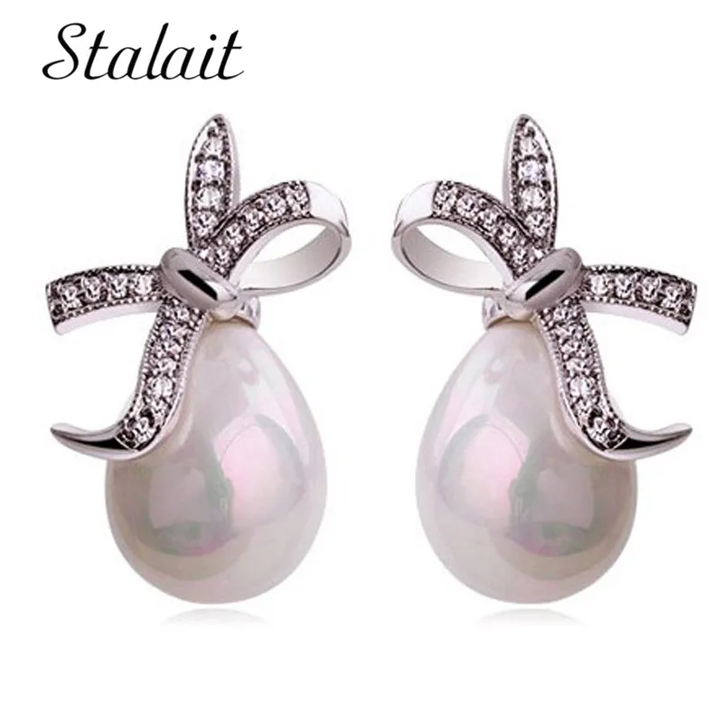 

2017 Valentine Day Gifts Free Shipping Austrian Crystal Bowknot Pearl Drop Earrings Fashion Jewelry 42382