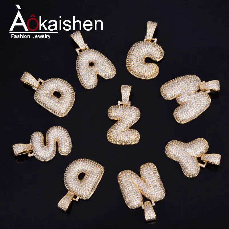 

Bling Men's Hip Hop Jewelry Gold Silver Color Copper Cubic Zirconia Custom Name Bubble Letters Pendant Necklace Free Cuban chain