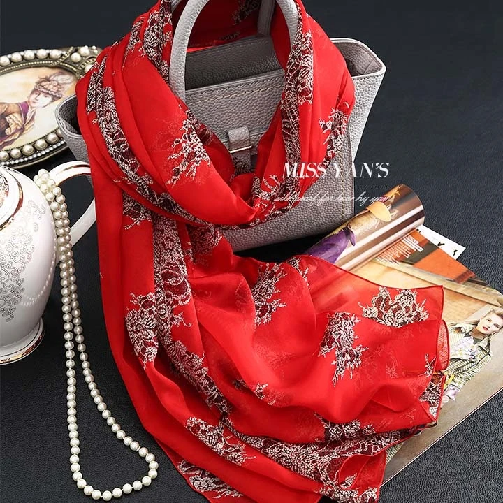 Genuine Silk Women Scarf Fashion Classic Red Print Scarves 2017 Spring
