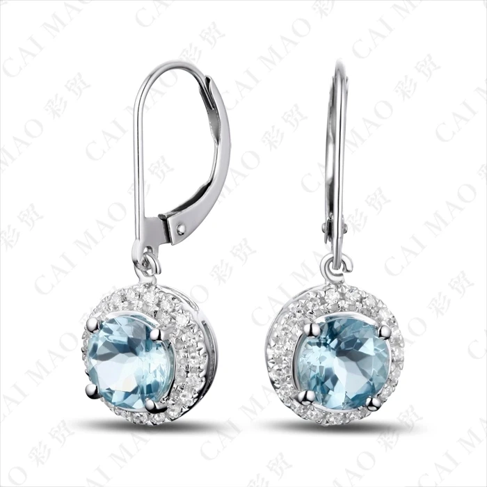 CaiMao 1.68 ct Natural Aquamarine 18KT/750 White Gold 0.19 ct Round Cut Diamond Earrings Jewelry Gemstone