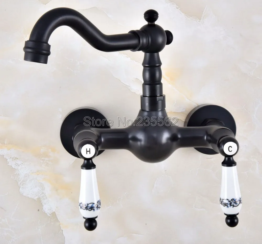

Black Oil Rubbed Bronze Kitchen Faucet wall mounted Dual Hnandle Swivel Bathroom Basin Sink Mixer Tap lnf859