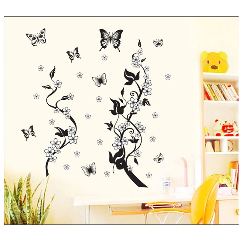 

Diy Home Decor Black Butterfly Vine Flower Wall Sticker Bathroom Kitchen Refrigerator Decorative Wall Decals Stickers